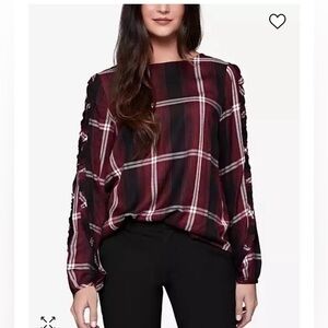 Sanctuary Josie Ruffled-Sleeve Plaid Top Small Red/Black